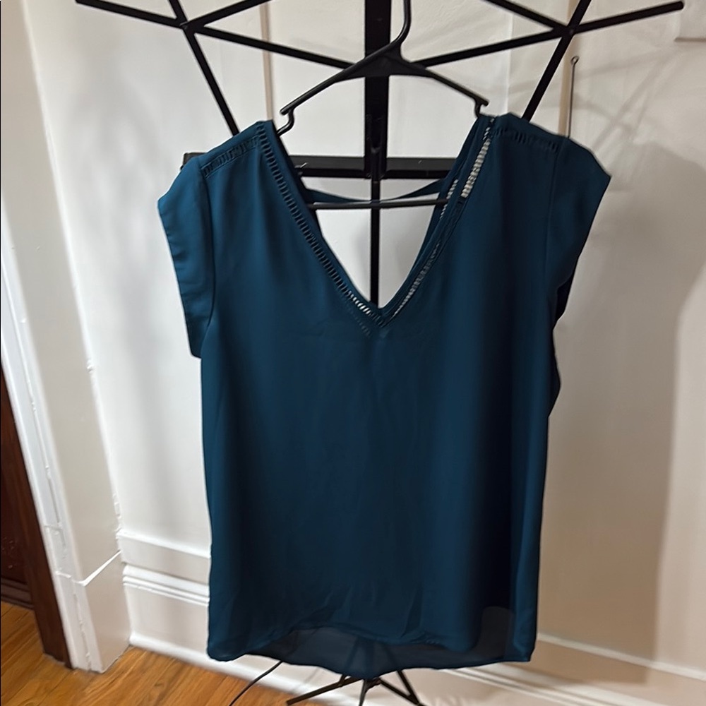 Blue V-Neck Cap Sleeve Blouse with Strappy Detail